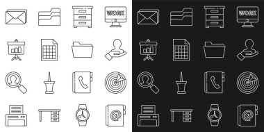 Satır Adres Defteri, Hedef Spor, Arama İnsanları için El, Belgeli Çekmece, Dosya, Kiremit tahtası diyagramı, Zarf ve Belge klasörü simgesi. Vektör