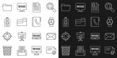 Satır Sertifika şablonu, Zarf, Bilek saati, Özgeçmiş, Belge dizini, Kimlik kartı ve Adres Defteri simgesini ayarla. Vektör