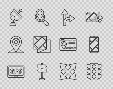 Hat GPS cihazını harita, trafik ışığı, trafik işareti, Radar, Katlanmış ve Şehir Navigasyon simgesi ile ayarla. Vektör