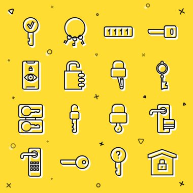 Hat evini koruma altına alın, dijital kapı kilidi, eski anahtar, şifre, kasa şifresi, göz taraması, anahtar ve kilit açma ikonu. Vektör