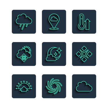 Hat Sunrise, Tornado, Cloud, Meteoroloji termometresi, ay, kar ve güneş, yağmur ve kar tanesi ikonu. Vektör