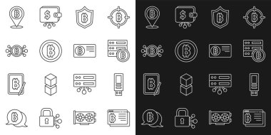 Satır Bitcoin 'i tarayıcıda, USB flash diskte, Server bitcoin' de, Shield ile, devrede ve kredi kartı simgesinde ayarla. Vektör