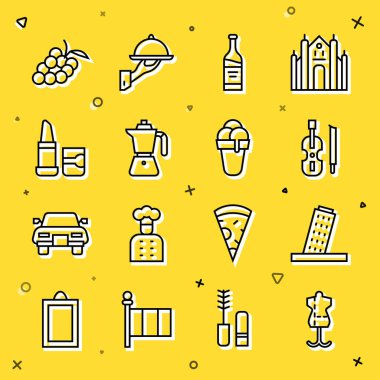 Set hattı Mannequin, Tower Pisa, Keman, bir şişe şarap, kahve fincanı, ruj, üzüm suyu ve dondurma ikonu. Vektör