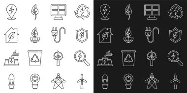 Hat rüzgar türbini, Şimşek şimşeği, yapraklı kalkan, güneş enerjisi paneli, dünya küresi ve çevre dostu ev ve elektrik prizi ikonu. Vektör