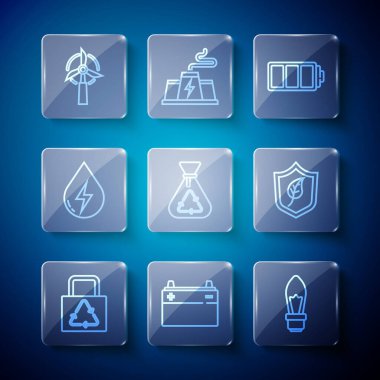 Geri dönüşümlü kağıt torba, araba aküsü, ampul, pil, çöp, su enerjisi, rüzgar türbini ve kalkan yaprağı ikonu. Vektör