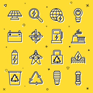 Batarya, Su Enerjisi, Fabrika, Küresel Güç Gezegeni, Rüzgar türbini, Araba aküsü, Güneş paneli ve Elektrik araba şarj istasyonu ikonu. Vektör