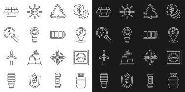 Hat propan gazı deposu, elektrik çıkışı, yapraklı konum, geri dönüşüm sembolü, ampul ışığı, yıldırım, güneş enerjisi paneli ve pil ikonu. Vektör