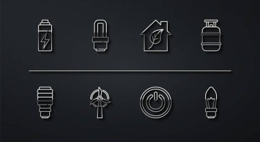 Batarya, LED ampul, propan benzin deposu, güç düğmesi, rüzgar türbini, Işık ve Çevre dostu ev simgesi. Vektör