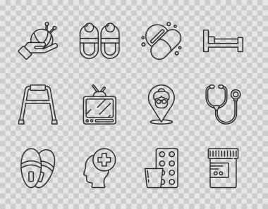 Hat terlikleri, ilaç şişesi ve haplar, ya da tablet, hastanedeki erkek kafası, yün yumağı örgü iğneleri, Retro TV, haplar ve stetoskop ikonu. Vektör