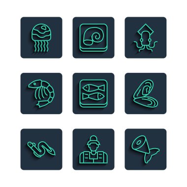 Yılan balığı, balıkçı, kuyruk, ahtapot, konserve, karides, denizanası ve midye ikonu. Vektör