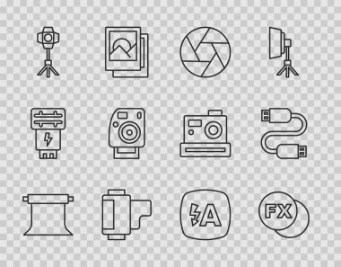 Hat boş fotoğraf stüdyosu, foto kamera fx, kamera deklanşörü, rulo kartuşu, Softbox ışığı, otomatik flaş ve USB kablo ikonu. Vektör