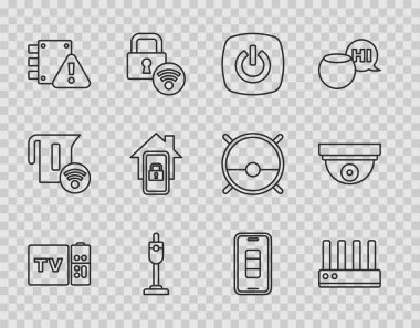 Hat Multimedya ve TV alıcısı, Router kablosuz ağ sinyali, Smart home, elektrik süpürgesi, koruma altındaki ev, akıllı, akıllı şarjlı mobil telefon ve hareket algılayıcı simgesi. Vektör