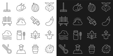 Chestnut, Scarecrow, patlıcan, karpuz, güneş ve bulut havası, benç, bahçe tırmığı ve kış eşarbı ikonu. Vektör