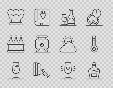 Çizgi şarap kadehi, eski şarap şişesi, tatma, degukasyon, şef şapkası, fermantasyon üzümleri ve meteoroloji termometre ikonu. Vektör