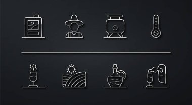 Karton şarap kutusu, şarap tadımı, degukasyon, meteoroloji termometresi, İtalyan fiyaskosu şişesi, üzüm bağları, çiftçi şapkası, şarap garsonu ve fermantasyon ikonu. Vektör