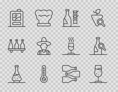 Şarap, şarap kadehi, bir şişe meteoroloji termometresi, karton kutu, çiftçi şapkası, şişe ve ikon için replik belirle. Vektör