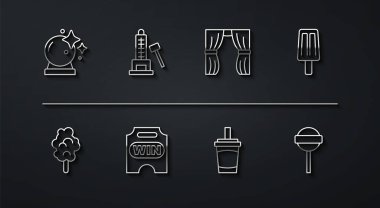 Sihirli top, pamuk şeker, dondurma, su dolu kağıt bardak, sirk bileti, Striker çekici, lolipop ve perde ikonu kaldırır. Vektör