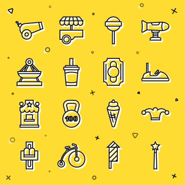 Sihirli değnek, zilli Jester şapkası, çarpışan araba, lolipop, kağıt cam su, salıncak, top ve sirk bileti ikonu. Vektör