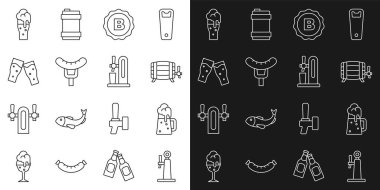 Bira fıçısı, tahta bira bardağı, fıçı, çatallı şişe kapağı, çatallı sosis, cam ikon. Vektör