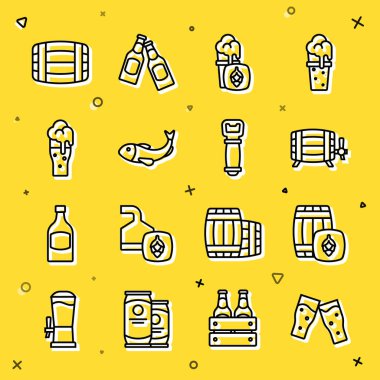 Düz çizgi bira, tahta fıçı, kurutulmuş balık ve şişe açacağı ikonu. Vektör