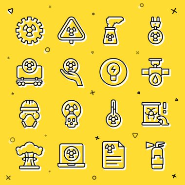 Hat yangın söndürücü, radyoaktif atık varili, endüstriyel boru ve valf, nükleer enerji santrali, kargo treni ve fikir ikonu konseptli ampul. Vektör