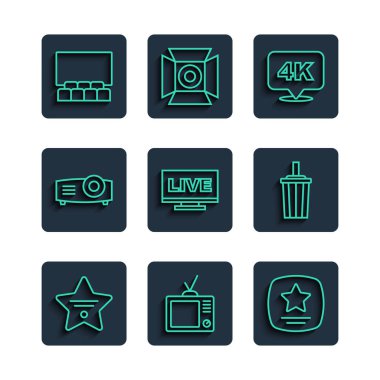 Set line Walk of Fame yıldızı, Retro TV, 4k Ultra HD, Live stream, Movie, film, medya projektörü, ekranlı sinema salonu ve Paper glass Water ikonu. Vektör