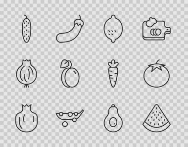 Sabit çizgi Nar, Karpuz, Limon, Bezelye, Salatalık, Erik, Avokado ve Domates ikonu. Vektör