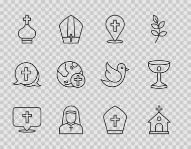 Kilise binası, kilise, kilise, Hıristiyan kulesi, küre, Papa şapkası ve kadeh ikonu ile kesiştir. Vektör
