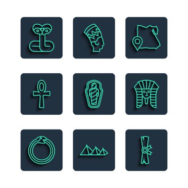 Ouroboros, Mısır piramitleri, Papirüs parşömenleri, Harita, lahitteki mumya, Haç Ankh, Yılan ve Mısır firavun ikonunun çizgi sihirli sembolü. Vektör