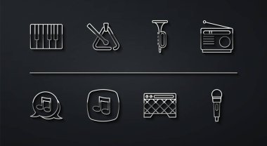 Satır müzik sentezleyicisi, nota, nota, nota, radyo, gitar yükseltici, üçgen müzik aleti, mikrofon ve trompet ikonu. Vektör
