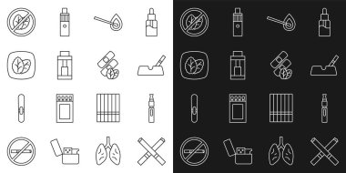 Sabit hat sigara, elektronik sigara, kül tablası, yanan kibrit, Vape mod cihazı, tütün yaprağı, tütün ve medikal nikotin bantları ikonu. Vektör