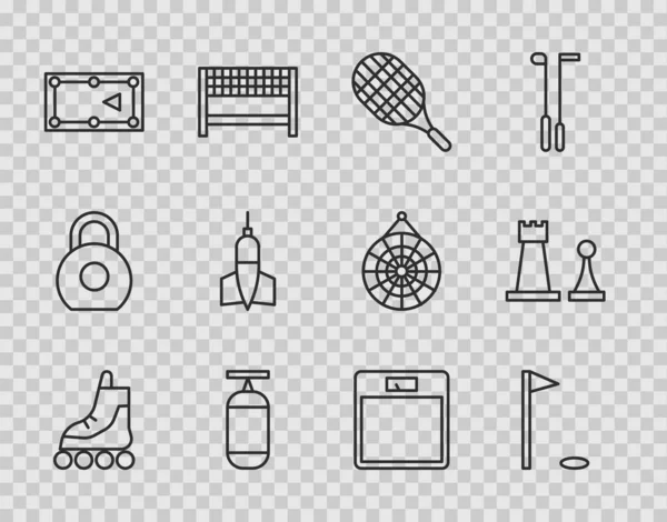 Set line Roller skate, Golf flag, Tennis racket, Punching bag, Billiard table, Dart arrow, Bathroom scales and Chess icon. Vector —  Vetores de Stock