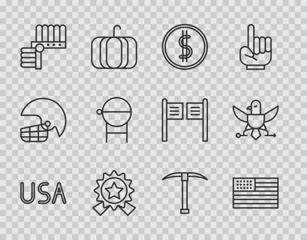 Set line USA label, American flag, Coin money with dollar, Medal star, Indian headdress feathers, Barbecue grill, Pickaxe and Eagle icon. Vector — Stock Vector