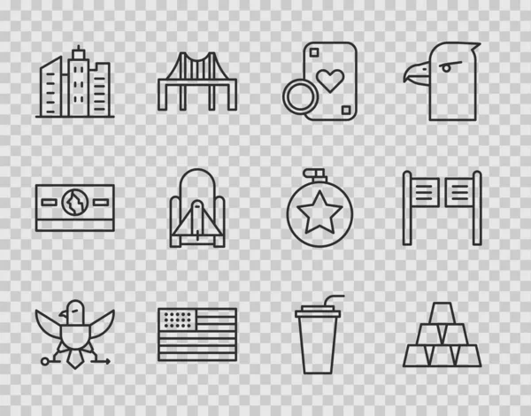 Set line Eagle, Gold bars, Casino chip and playing cards, American flag, City landscape, Rocket launch from the spaceport, Paper glass with straw and Saloon door icon. Vector — Vector de stock