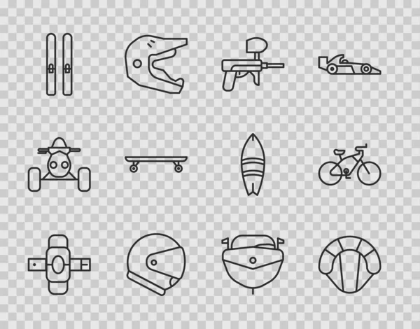 Set line Knee pads, Parachute, Paintball gun, Helmet, Ski and sticks, Longboard or skateboard, Speedboat and Bicycle icon. Vector — Stock Vector