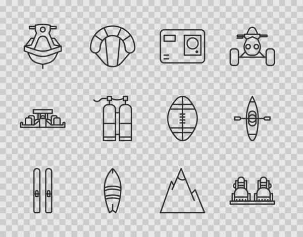 Set line Ski and sticks, Snowboard, Action extreme camera, Surfboard, Jet ski, Aqualung, Mountains and Kayak or canoe icon. Vector — Archivo Imágenes Vectoriales