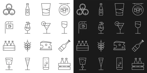 Set line Balení pivních lahví, Otevřené víno, Vinné sklo, Skleněná vodka, Koktejl, Pouliční tabule s barem, Dřevěné sudy a ikona Martini. Vektor — Stockový vektor