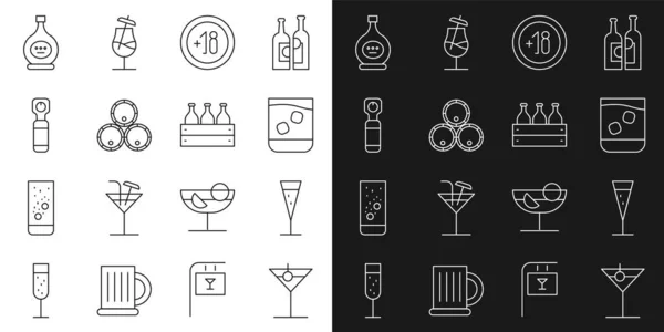 Set line Martini glass, copa de champán, whisky, alcohol 18 plus, barriles de madera, abridor de botellas, coñac o brandy y botella vino caja de madera icono. Vector — Vector de stock