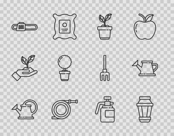 Set line Watering can, Garden light lamp, Plant pot, hose or fire hose, Chainsaw, Flower, sprayer for fertilizer and icon. Vector — Stock Vector