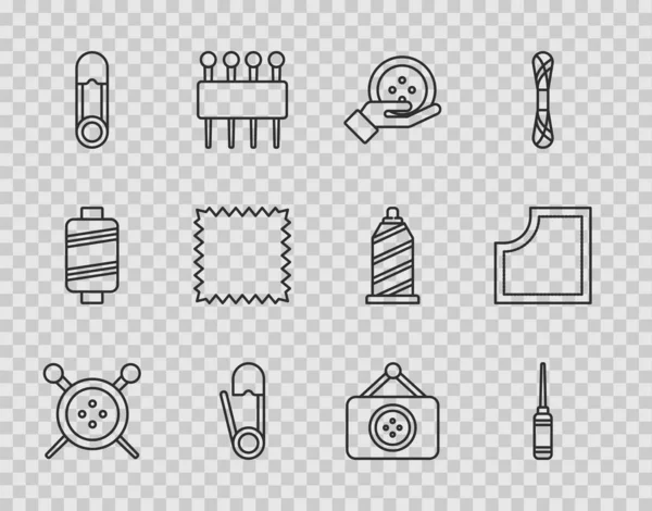 Set line Sewing button and knitting needles, Awl tool, Safety pin, Leather, Tailor shop and Pattern icon. Vector — ストックベクタ