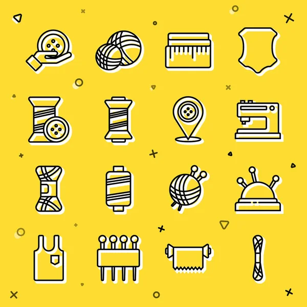 Set line Yarn, Needle bed and needles, Sewing machine, Tape measure, thread, button, and Location tailor shop icon. Vector — Stockvector