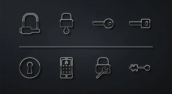 Ρυθμίστε την κλειδαριά ποδηλάτων γραμμών, κλειδαρότρυπα, επισκευή κλειδαριών, κινητό και γραφικό κωδικό πρόσβασης, κλειδί, παλαιό και εικονίδιο. Διάνυσμα — Διανυσματικό Αρχείο