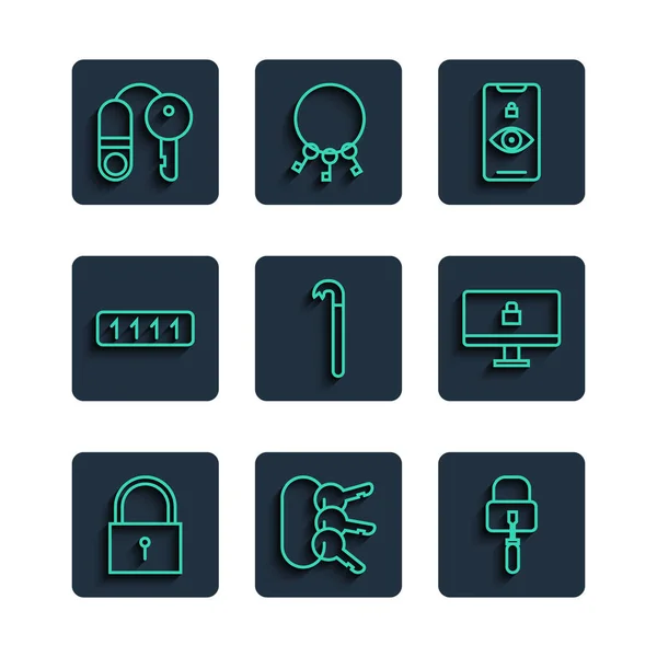 Set line Lock, Bunch of keys, picks for lock picking, Eye scan, Crowbar, Password protection, House with and computer monitor icon. Vector — стоковый вектор