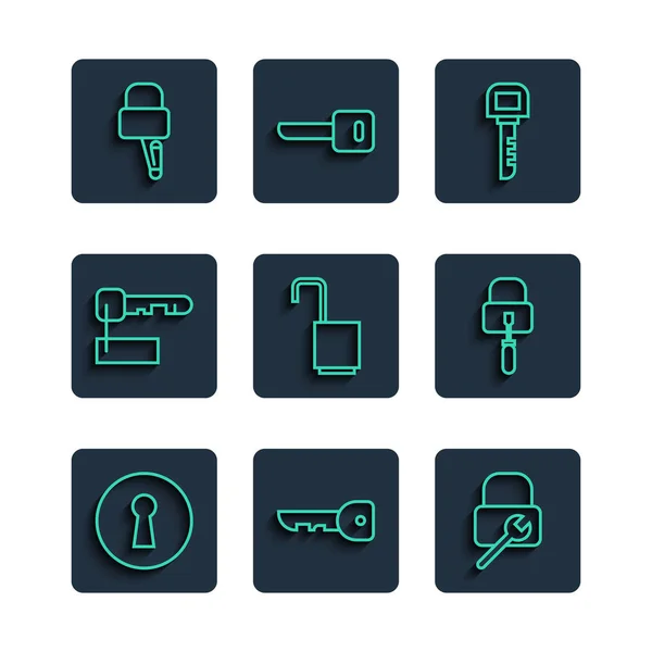 Set line Keyhole, Lock repair, Open padlock, Marked key, picks for picking and icon. Vector — Stock Vector