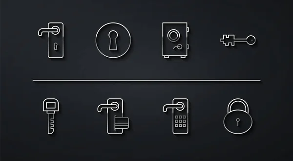 Set line Door handle, Key, Old key, Digital door lock, Keyhole, Lock and Safe icon. Vector — Stok Vektör