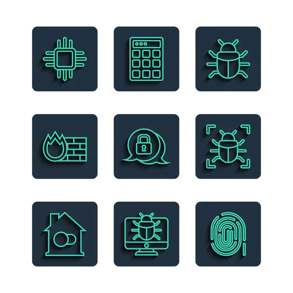 Set line Smart home, System bug on monitor, Fingerprint, Cyber security, Firewall, wall, Processor with microcircuits CPU and icon. Vector — Image vectorielle