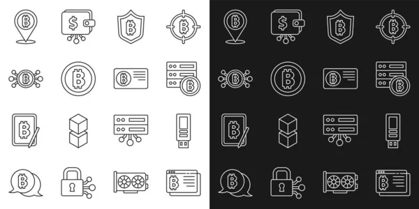 Set line Bitcoin in browser, USB flash drive, Server bitcoin, Shield with, circuit, and Credit card icon. Vector — Vettoriale Stock