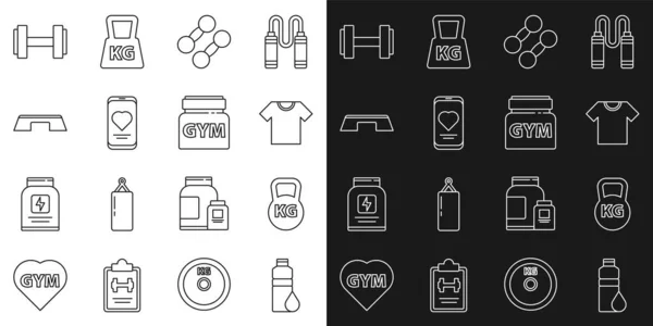 Set line Fitness shaker, Kettlebell, T-shirt, Dumbbell, Mobile with heart rate, Step platform, and Sports nutrition icon. Vector — Stockvektor