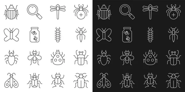 Definir linha Chafer besouro, percevejo, aranha, libélula, pirilampos bugs jar, borboleta, Colorado e Centopeia ícone. Vetor — Vetor de Stock