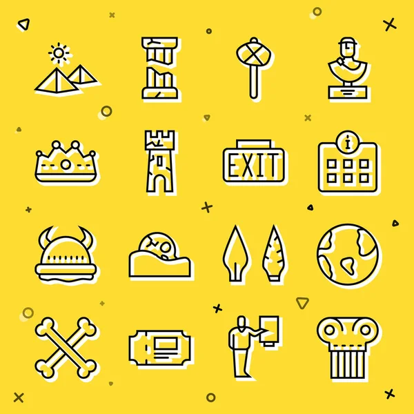 Set line Ancient column, Earth globe, Information, Stone age hammer, Castle tower, King crown, Egypt pyramids and Exit sign icon. Vector — Image vectorielle